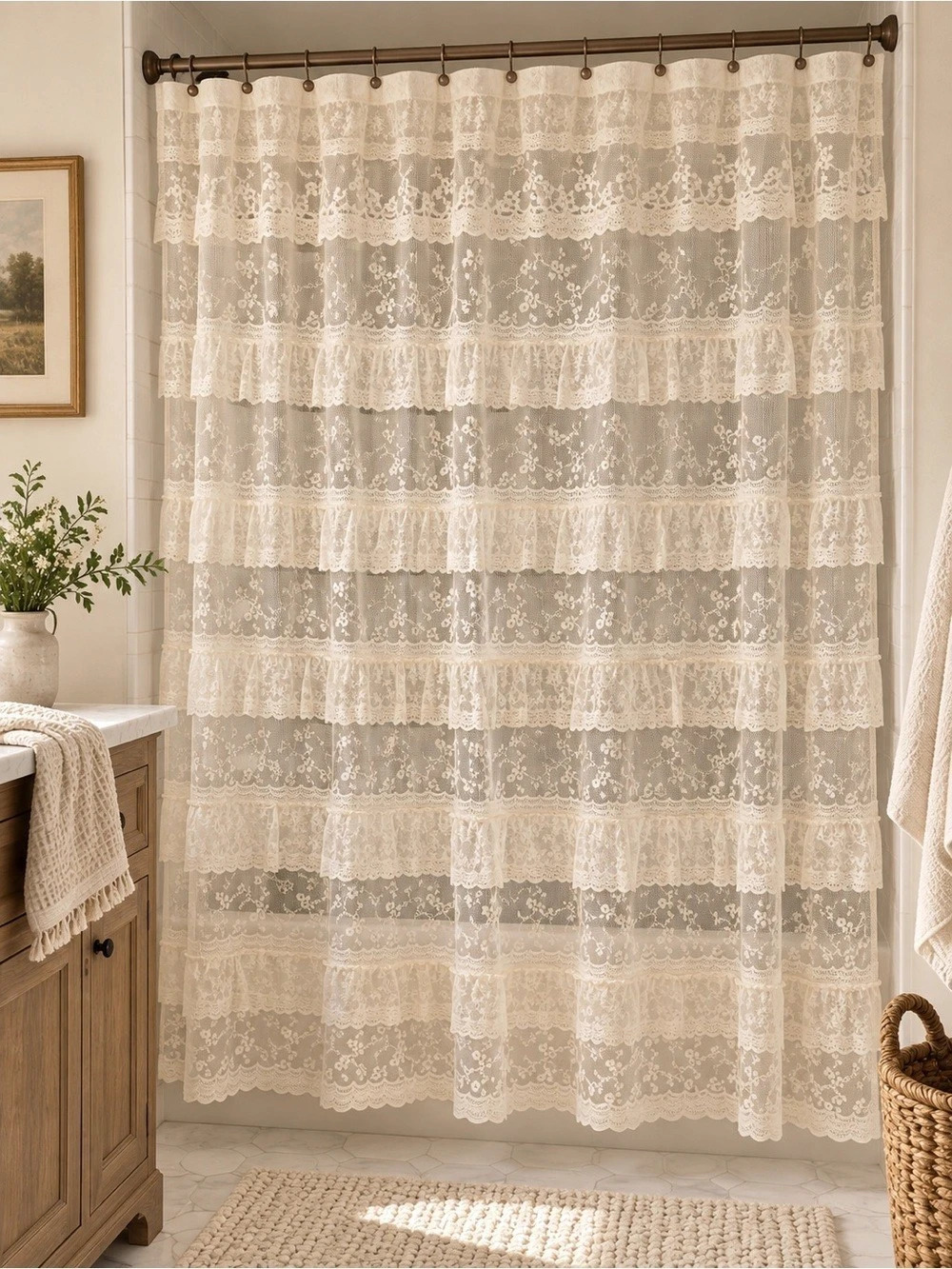 Floral Lace Shower Curtain Panel in Cream Polyester